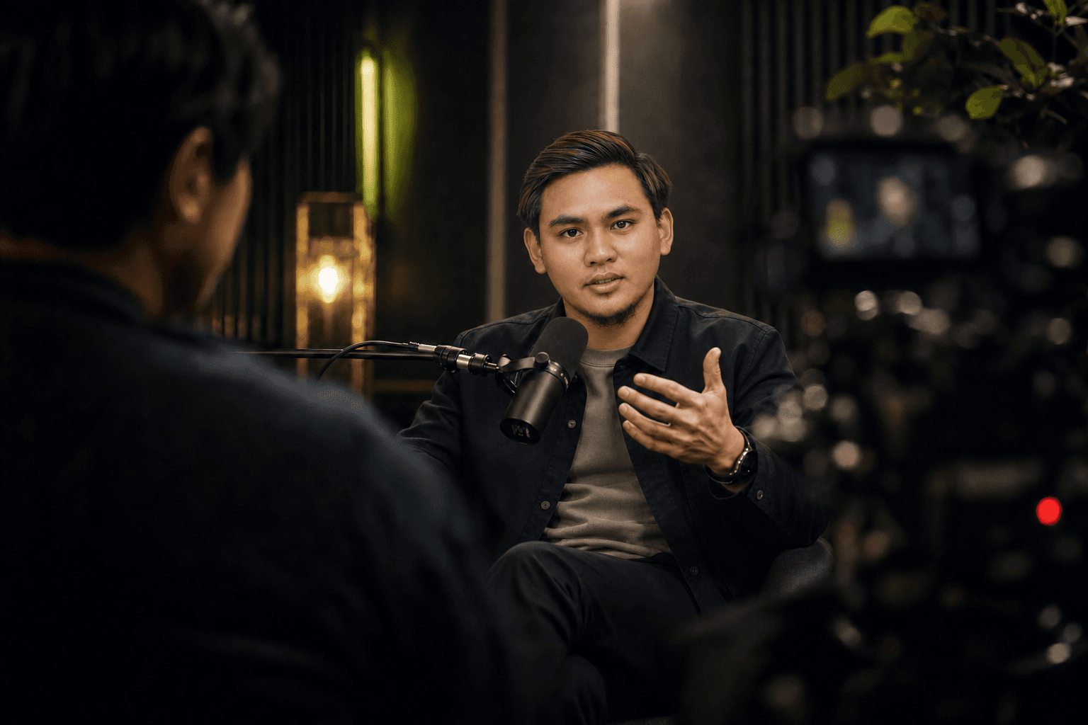 Founder speaking during a cinematic multi-camera podcast interview